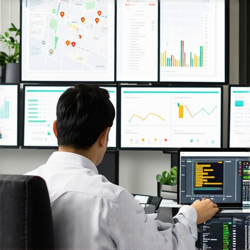 Professional analyzing local SEO metrics and digital maps for ranking improvement.