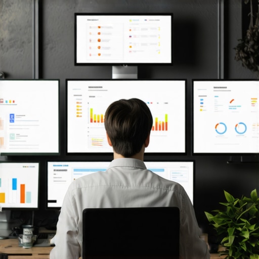 Person working on local SEO tools on multiple screens, tracking reviews and rankings.