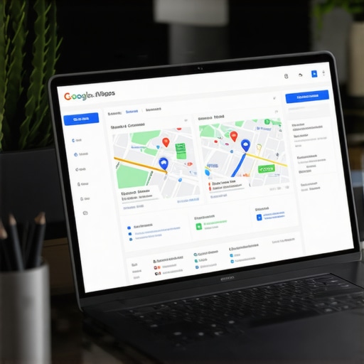 Laptop showing Google Maps analytics and SEO dashboard for local SEO management