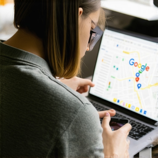 Business owner analyzing local map ranking data on laptop and smartphone.