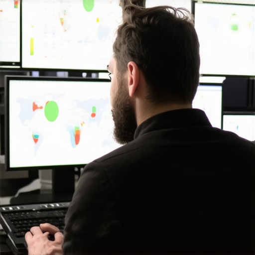A digital marketing professional reviewing charts and maps on multiple monitors to monitor local SEO performance.