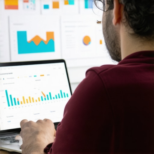 Person reviewing SEO analytics on laptop with charts and maps.
