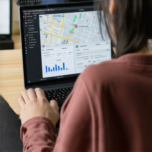 Person analyzing local SEO metrics on a laptop with maps and graphs
