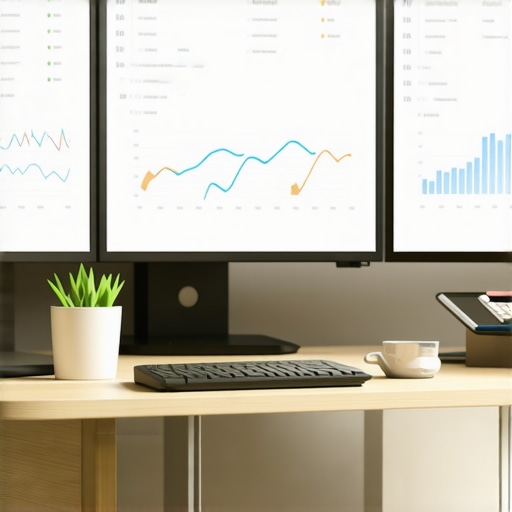 A workspace with screens showing SEO dashboards and analytics tools.