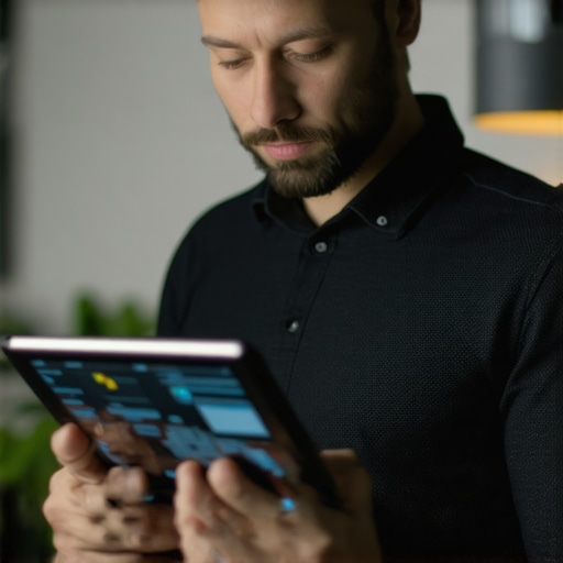 A business owner analyzing local SEO performance metrics on a tablet in a modern office setting.