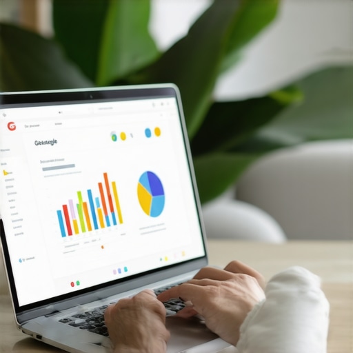 Business owner updating Google My Business listing on laptop with performance charts