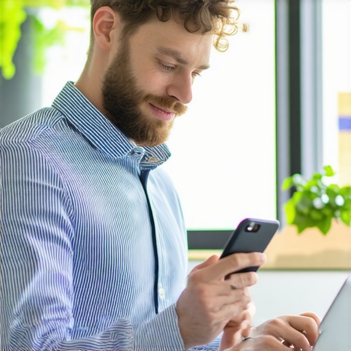 A person updating their Google My Business profile on a laptop and smartphone in an office setting.