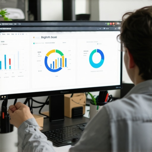 Person analyzing SEO data on computer screens showing Google Search Console and BrightLocal dashboards
