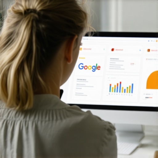 Digital marketer reviewing GMB analytics on a monitor.