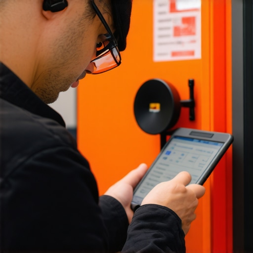 Technician analyzing Wi-Fi signal coverage around a storefront for local SEO improvements.