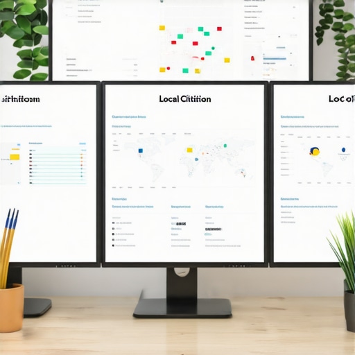 A desk with multiple monitors showing citation management and local SEO analytics tools.