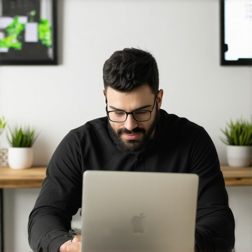 Business owner optimizing GMB profile on computer with digital tools.