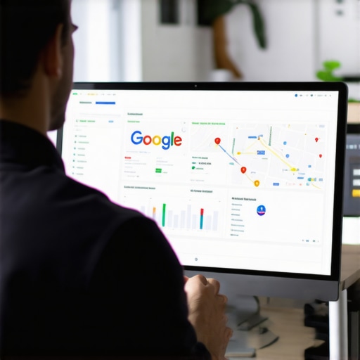 Person reviewing Google My Business performance and rankings on a laptop surrounded by SEO tools.