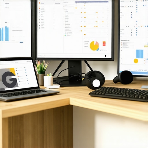 SEO Tools for Local Map Maintenance A professional workspace featuring computers displaying local SEO analytics and citation management tools.