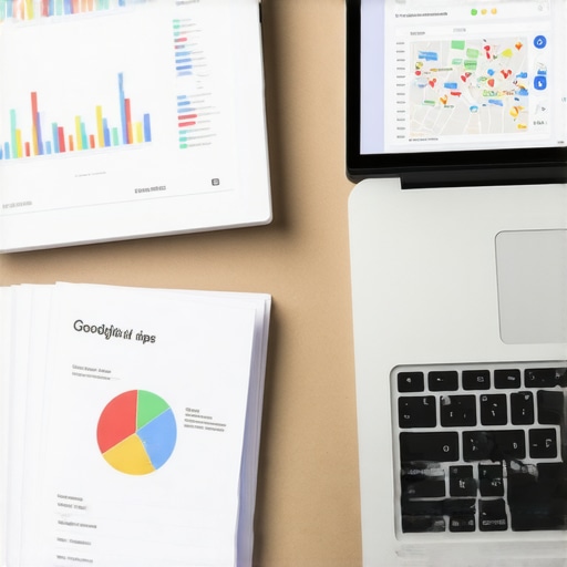 SEO Tools for Long-Term Google Maps Success Desk setup with SEO analytics tools and Google Maps dashboard on a laptop screen.