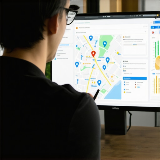 Business owner analyzing local map ranking data on a computer with charts