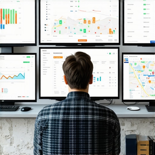 A person monitoring local map rankings using various SEO tools on multiple screens.