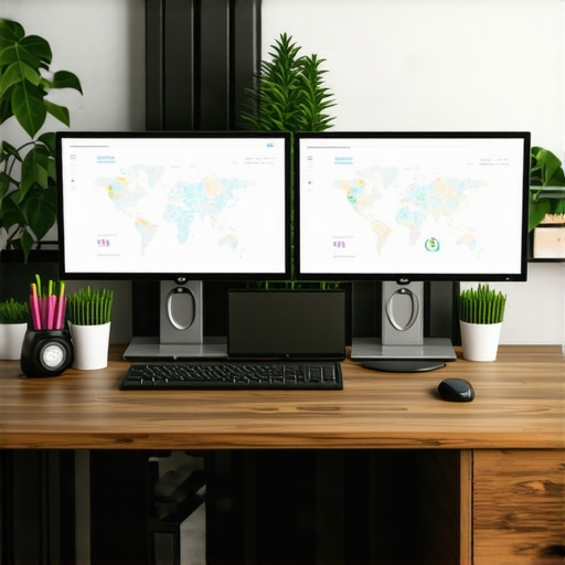 Workspace with computers displaying local SEO dashboards and maps.