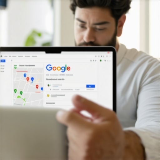 Person analyzing local business map rankings on a laptop with charts and maps.