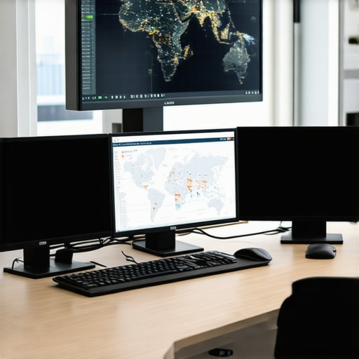 Person analyzing local map data on multiple monitors
