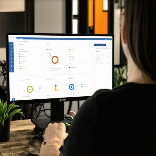 A person analyzing digital marketing dashboards on multiple monitors, highlighting SEO tools for local map ranking management.